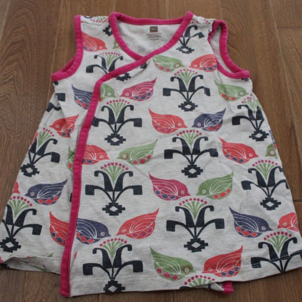 Tea Sparrow Bird Print Wrap Dress Gray Pink Green Girls 2T‎